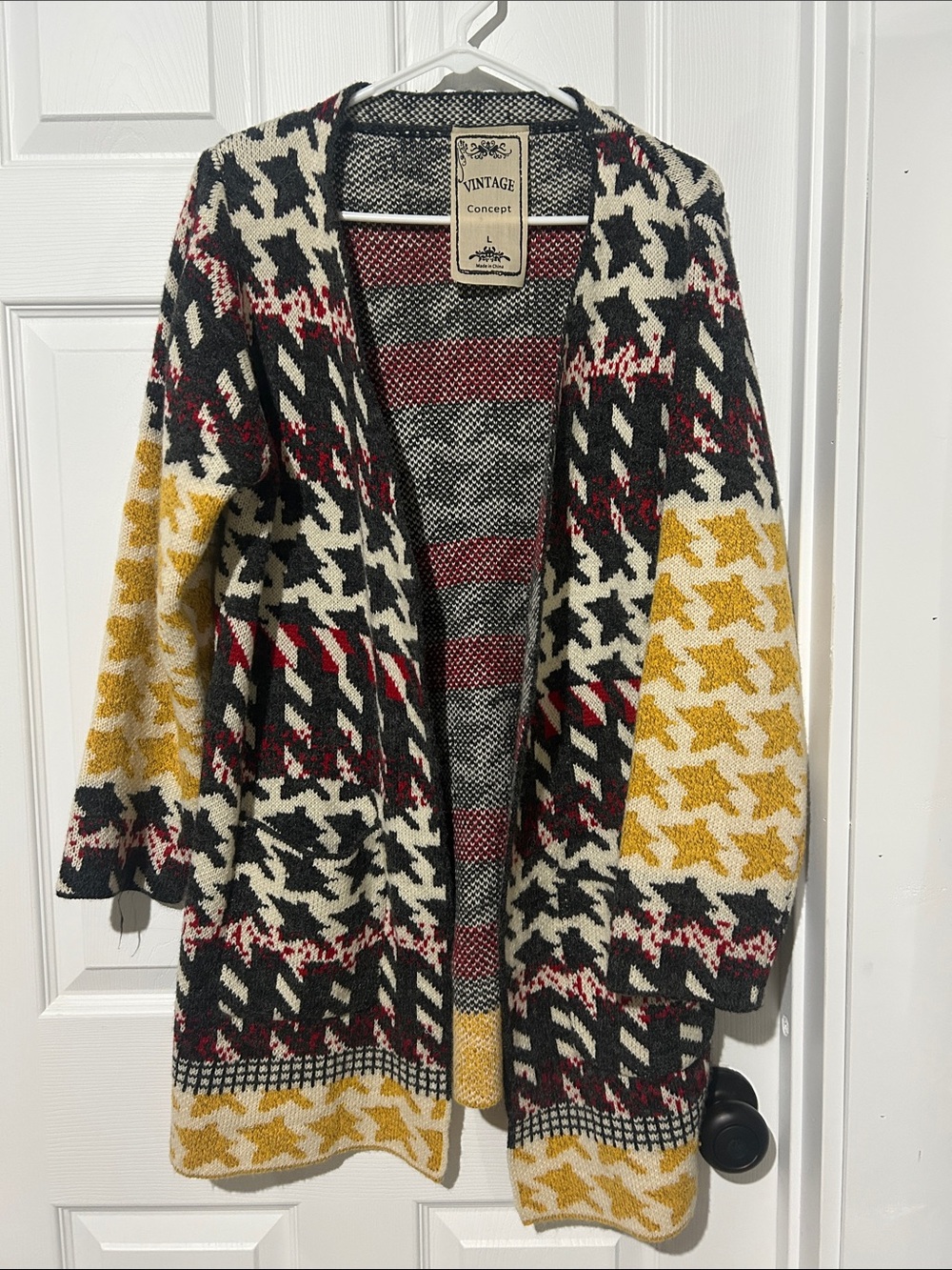 Women’s Large Vintage Concept Houndstooth Cardigan Black, Cream & Mustard